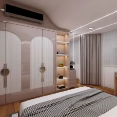 A look at the wardrobe and storage in the daughter's room, featuring arched doors with fluted details. The design is both stylish and practical, with open shelving for display.