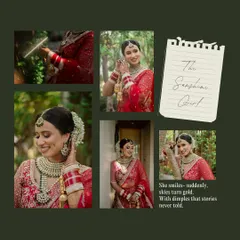 "The Sunshine Girl." A collage of bridal portraits capturing Anjali's radiant smile and the beautiful details of her look. A tribute to a bride with dimples that tell stories.