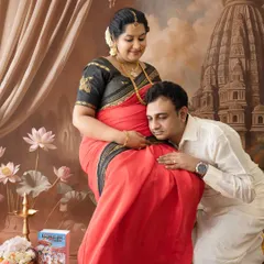 A traditional maternity portrait inspired by classic Indian paintings. The couple is posed in a culturally rich setting, with the partner listening to the baby bump, celebrating heritage and new beginnings.