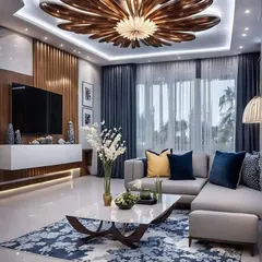 Your living room should be a centerpiece. Here, I've used a stunning flower-petal ceiling light fixture and a cohesive color palette to create a modern, luxurious space that feels both grand and inviting.
