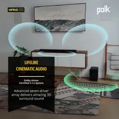 Experience lifelike cinematic audio with the Polk Signa S4. This Dolby Atmos certified 3.1.2 system features an advanced seven driver array that delivers amazing 3D surround sound, transforming your movie watching experience.