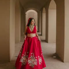 A full length portrait of Shubhangi in her modern red bridal lehenga. The makeup was kept fresh and radiant to balance the bold color of her outfit, creating a look that is both striking and elegant.
