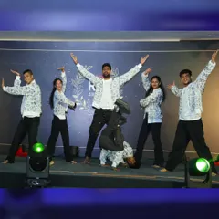 The full crew in a high-energy pose. This photo captures the mix of styles in our performance, from contemporary Bollywood to street-style freezes, all part of our guest showcase for a corporate awards night.