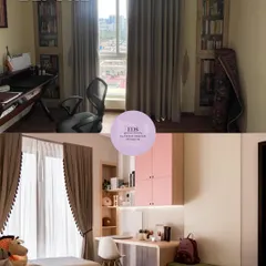This room went from a simple study to a functional and charming shared kids' bedroom. We designed custom twin beds, a shared study desk with overhead storage, and a built-in bench, using a soft color palette to create a space that is both playful and peaceful.
