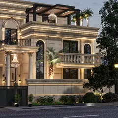 A home's exterior is its first promise. For this residence, I blended modern classic elements like grand arches and stately columns with clean lines and strategic lighting to create a facade that feels both timeless and impressive. It’s a statement of elegance that welcomes you home.