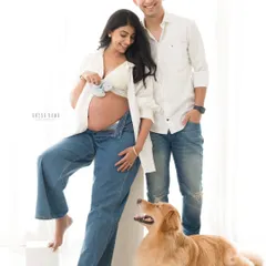 Your story, your way. This session celebrated a couple's journey with their fur baby, using a casual, relaxed style. Yes, pets are always welcome in my studio to make your maternity portraits feel complete.