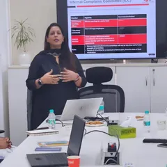 A key part of my corporate workshops is explaining the practical details of the POSH Act. This image captures a moment where I am detailing the composition and responsibilities of the Internal Complaints Committee (ICC), a critical component for any compliant organization.