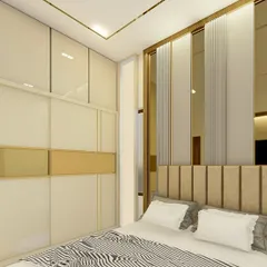 This luxurious bedroom render showcases a floor-to-ceiling wardrobe with glossy cream and gold finishes. The headboard wall features vertical fluted panels and mirrors for a touch of glamour.