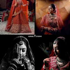A creative collage of the bride, showcasing her in color, black and white, and with artistic details like a peacock feather.