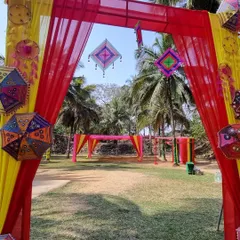 A clear, bright shot of the Holi event entrance, showcasing the vibrant colors and detailed decorations that welcomed guests to the celebration.