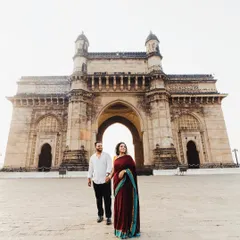 Capturing a love story with Mumbai's iconic Gateway of India as the witness. This kind of shot blends your personal journey with the grandeur of the city, creating a powerful and memorable pre-wedding photograph.