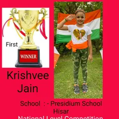 A first-place trophy winner from our patriotic-themed competition. She is proudly saluting in her themed outfit, showing great spirit.