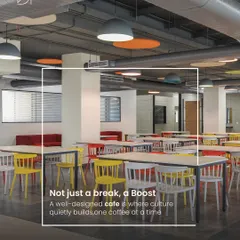 An office cafeteria is where company culture is built. We designed this vibrant dining area with a mix of colorful seating and clean lines to create an energetic and inviting space for employees to connect, recharge, and collaborate over coffee.