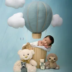 Up, up, and away! This creative newborn setup features a tiny baby sleeping peacefully in a hot air balloon basket, surrounded by fluffy clouds and teddy bear friends.