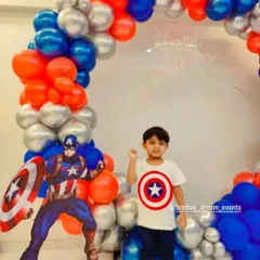 Here is the birthday boy enjoying his Captain America themed party. We created this setup with a full balloon ring in the hero's signature red, white, and blue, along with a life-sized character cutout for photos.