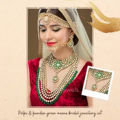 Make a statement with this regal Polki and Kundan bridal set featuring green Meena work. The rental includes the choker, a stunning multi-layered long necklace, earrings, matha patti, hathphool, and a matching nath.