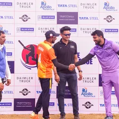 Players shaking hands before a match at the Indian Corporate Cricket League.