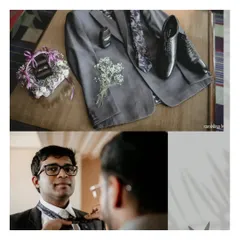 A collage showing the groom getting ready, from the details of his suit and shoes to him adjusting his tie in the mirror.