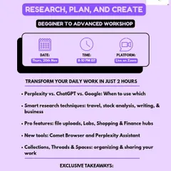 In this workshop, I compare Perplexity AI with ChatGPT and Google to show you exactly when to use each tool for the best results. You will learn smart research techniques for travel, finance, and writing, and explore pro features like file uploads and the Comet Browser.