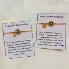 A rakhi that’s also a keepsake. I make these beautiful evil eye rakhis with a custom initial, attached to a card with a heartfelt message for your brother.