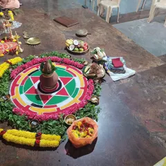 A kalasha setup for a Kuja Shanthi pooja, a ritual to pacify the planet Mars. This is often performed to remove obstacles in marriage and reduce aggression.