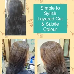 From simple to stylish, this makeover showcases a layered cut with a subtle color enhancement. The soft layers create movement, and the gentle color lift gives the hair a warmer, richer tone.