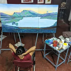 A quiet moment with the completed three-panel landscape in my studio. This shows the full scope of the 3x4 feet artwork, ready to bring a piece of namma Chikmagalur into a client's home.