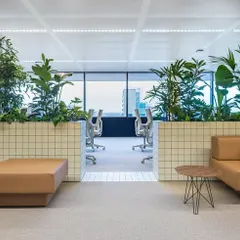 We can transform a standard office into a vibrant and healthy workspace. Here, we integrated lush greenery into custom tiled planters, using plants as natural dividers to create a calmer, more productive atmosphere for the team.