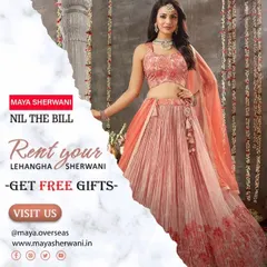 With my 'Nil the Bill' offer, you get free gifts when you rent your lehenga or sherwani. This promotional image showcases a beautiful peach floral lehenga, just one of the many styles you can choose from.
