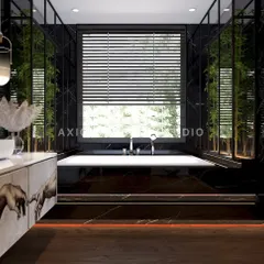 A freestanding bathtub is set against a large window, with bamboo plants adding a touch of nature. The space is designed to be a modern escape for relaxation and rejuvenation.