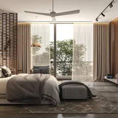 Another view of the master bedroom, showing the relationship between the bed, the seating area, and the large window. The design balances the textured feature wall with clean lines and a neutral palette for a sophisticated retreat.