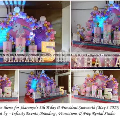 A dreamy unicorn theme for Sharanya's 5th birthday. This setup features a unicorn backdrop, a pastel balloon garland, and a light-up number '5', creating a fun and enchanting party atmosphere.