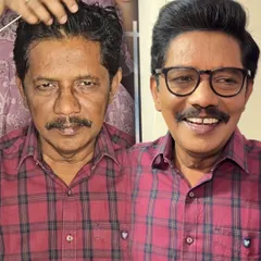 Another angle of the before and after transformation. Notice how the hair is styled to create more volume and the skin tone is evened out, making him look camera-ready and confident.