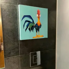 A fun commission piece featuring Heihei, the rooster from Disney's 'Moana'. It's a quirky and colorful painting that adds a touch of humor to the client's bathroom wall.