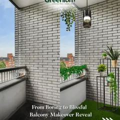 A before and after reveal of a balcony makeover. I transformed this boring, empty space into a blissful green corner with artificial turf, a modern plant stand, and hanging ivy against a brick-style wall.