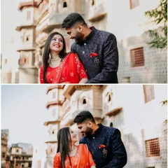 Two portraits from a heritage pre-wedding shoot, showcasing the couple against the beautiful stone facade of an old building. The warm sunlight enhances the romantic and cheerful mood.