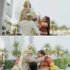 The playful and joyous struggle during the varmala ceremony, as friends lift the couple up. These shots are full of laughter and capture the fun side of wedding rituals.