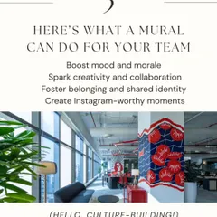 A mural does so much for your team. It can boost mood and morale, spark creativity, foster a sense of belonging, and even create those Instagram-worthy moments that build your company culture.