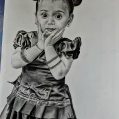 A sketch of a young girl with a curious and cute expression. Children's portraits are about capturing that innocent spark, and I love drawing their expressive faces.