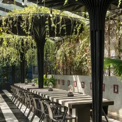 This covered outdoor dining area at Sunrise is an "in-between" space, neither fully indoors nor out. The sculptural columns and hanging vines create a garden-like atmosphere for patrons.