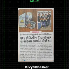Another feature in the Divya Bhaskar newspaper celebrating our students' third-place finish in the national robotics olympiad. Our teams' successes are widely recognized.