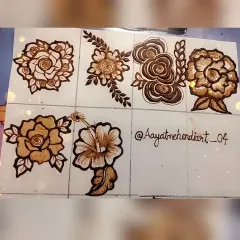 A practice sheet showing different types of floral designs I can create. From simple roses to hibiscus, I love exploring new floral motifs.