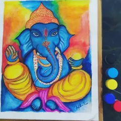 Here is my painting of Lord Ganesha, the remover of obstacles. I depicted him in a serene, meditative pose using a vibrant blue for his form, set against a warm, multi-colored aura to represent his divine and benevolent energy.