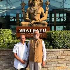 Dr. G.G. Gangadharan and another esteemed guest at our retreat. We are a hub for leaders in the field of Ayurveda to connect and share knowledge.