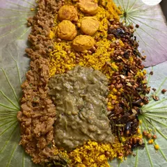 Our famous Kang festival khechri, served on a fresh lotus leaf. We prepared over 300 portions last season, and it’s a dish that truly captures the festive spirit of Ratha Yatra.
