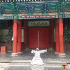 Practicing a low horse stance at the entrance of a temple in China. The architecture and atmosphere of these ancient grounds are a powerful reminder of our art's history.