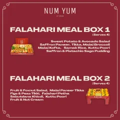 My Falahari Meal Boxes are perfect for Navratri. Box 1 includes dishes like Sweet Potato & Avocado Salad and Samak Rice, while Box 2 features Fruit & Foxnut Salad and Sabudana Khichdi, each serving four people.