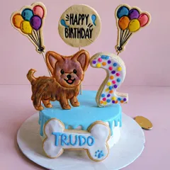 This vibrant blue drip cake was for Trudo's 2nd birthday. It's a peanut butter chicken cake decorated with a hand-drawn topper of Trudo himself, balloon biscuits, and a personalised name bone.