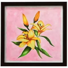 A vibrant watercolor painting of yellow lilies against a soft pink background. This piece captures the delicate structure of the flowers and their buds, celebrating their bright and cheerful presence.