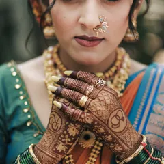 A stunning bridal portrait focusing on the intricate details of the Maharashtrian bride's look, from her nath to her beautiful henna-adorned hands.